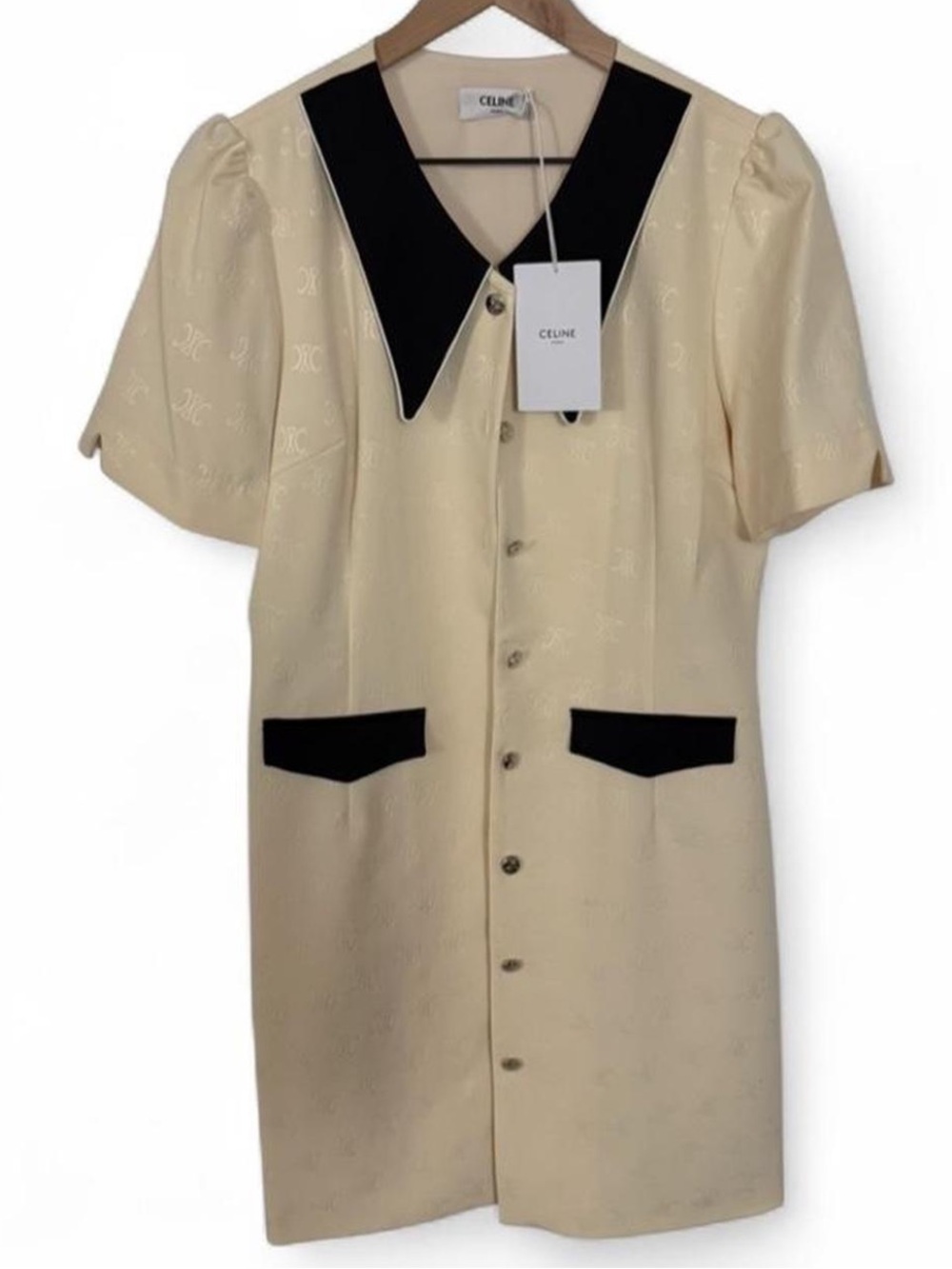 Celine Black and Cream V-Neck Puff Sleeve Dress